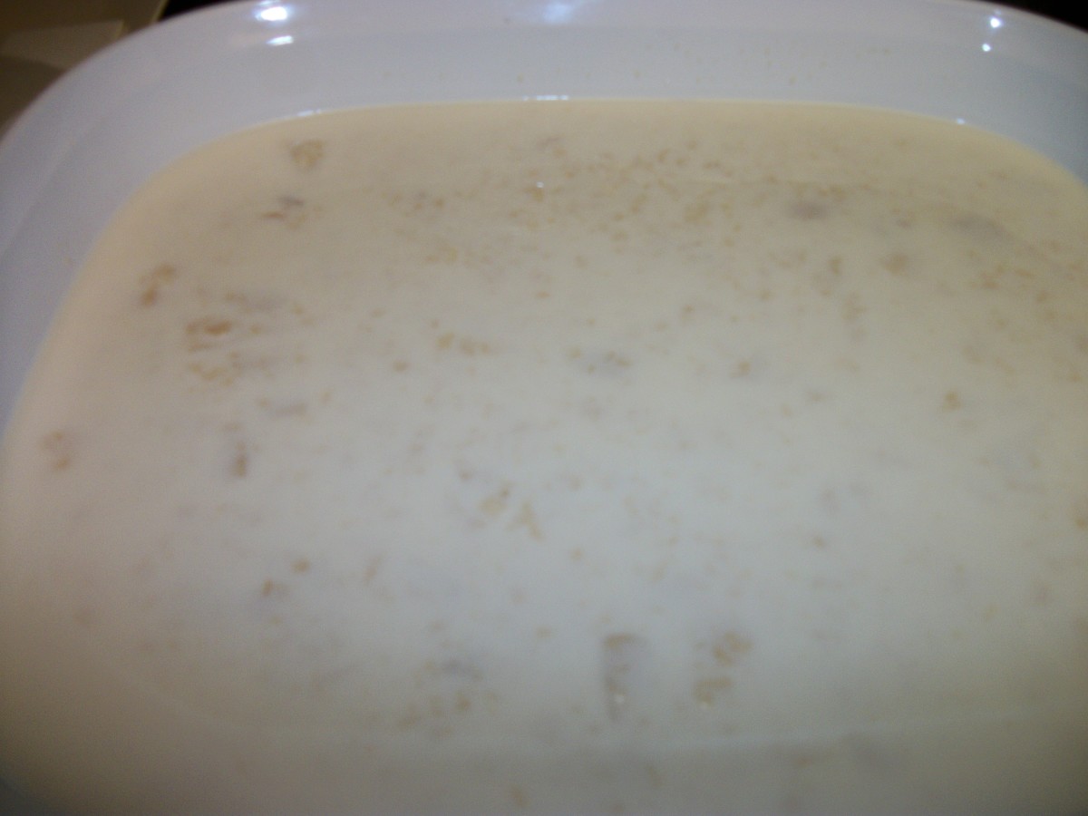 Cream of potato soup and milk in 11 X 13 baking dish