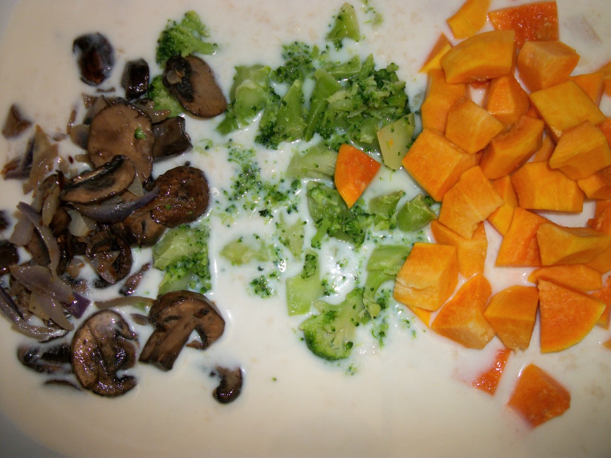 Add sauteed mushrooms, broccoli, and butternut squash to soup mixture