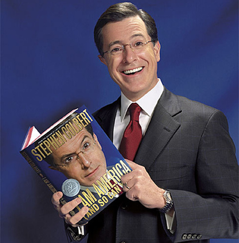 Stephen Colbert with his book "I Am America"