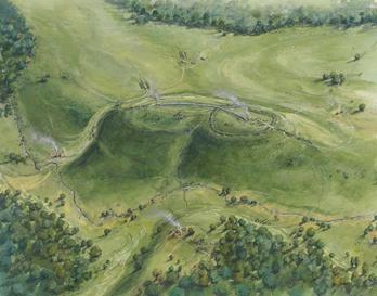 Neolithic activities on the hilltop included the construction of an enclosure and a barrow (drawing by Peter Dunn). 