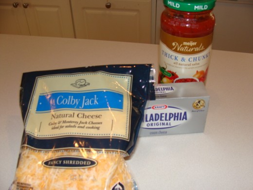 1 jar of salsa, 1 block of cream cheese, 1 cup of shredded cheddar or colby jack cheese