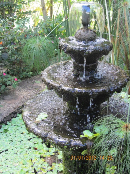 beautiful fountain at Sonya's Garden