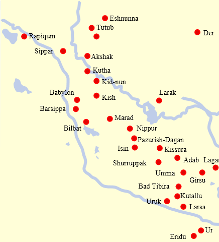 Sumeria:  Ur is in the south, by Eridu.  Ur later moved to Iraq because it was more fun than Sumeria.  I like to say Sumeria more than Iraq, personally, but Ur does as Ur wants.