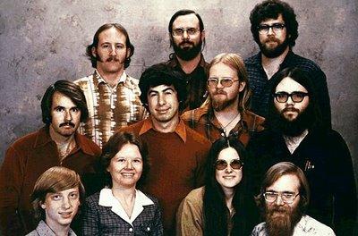 1977: Starting from left to right,   Front row: Bill Gates, Andrea Lewis, Marla Wood & Paul Allen   Centre row: Bob O'Rear, Bob Greenburg, Marc McDonald & Gordon Letwin   Back row: Steve Wood, Bob Wallace & Jim Lane  