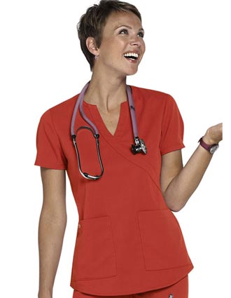Barco NRG Womens Solid Two Pocket Mock Wrap Scrub Top - 2 Patch Pockets