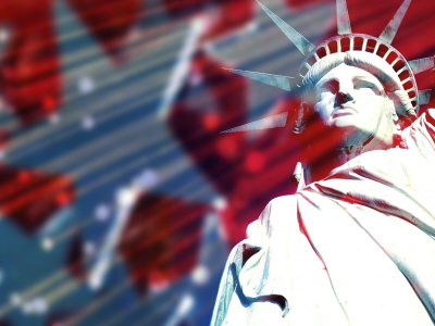 Statue of Liberty with Symbolic Stars and Stripes in the Background