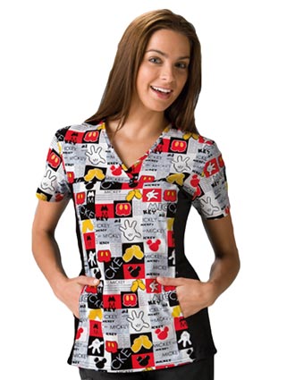 Disney Womens Two Pocket Micky In The Mix Scrub Top
