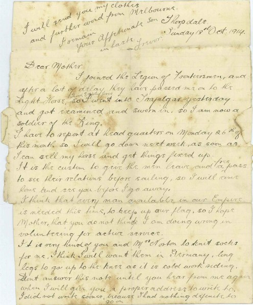 Letter from my great grandfather, Reginald Trevor, to his mother telling her of his enlistment and reasons for joining up.