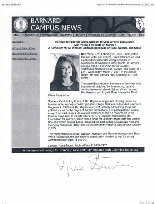 Announcement I found online, signed by Glora Steinem.