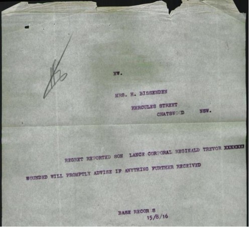 Telegram received by Reginald Trevor's mother notifying her of his being wounded in the Battle at Pozieres - the Somme Valley.