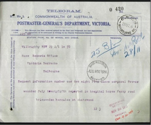 Telegram sent by his mother requesting more information about Reginald's condition.