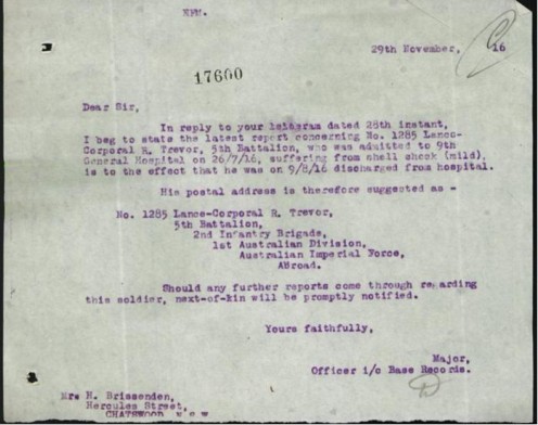 Reply to his mother advising of his discharge from hospital.
