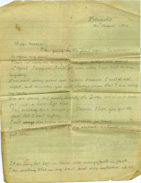 Letter home the day before returning to the front. Page One.