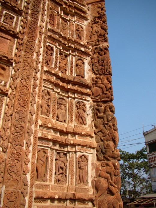 Terracotta work at the corner of the temple, called the BARSHAA art