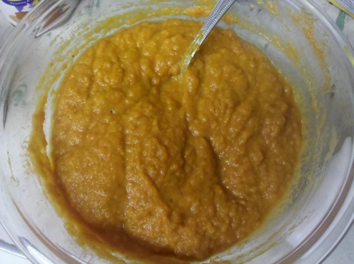 Combine eggs, pumpkin, and dry ingredients