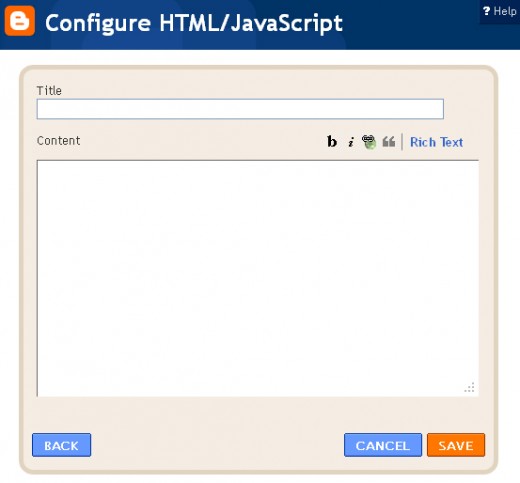 The Configure HTML/Javascript box.