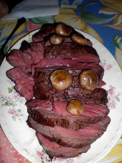 Red meat with mushrooms.