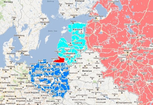 Northeast Europe. Red - Kaliningrad Oblast; Light Red: Russia Proper; Light Blue: Lithuania, Latvia, Estonia; Blue: Poland.