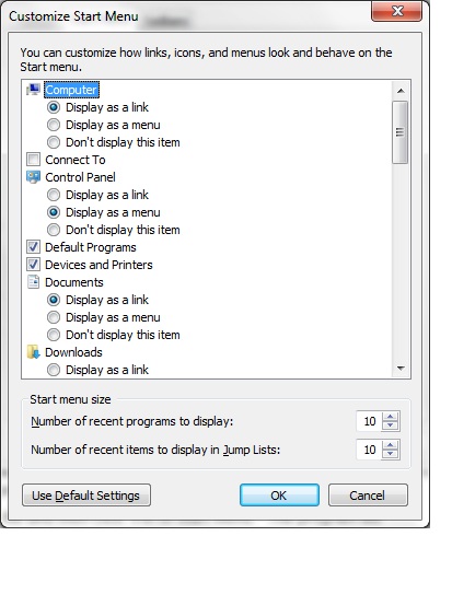 The Customize Start Menu dialog box.