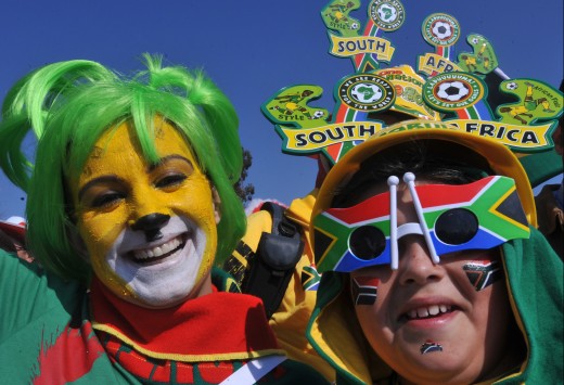 World class costuming: Your version of these fan costumes from the World Cup are sure to provide embarrassment for your offspring.