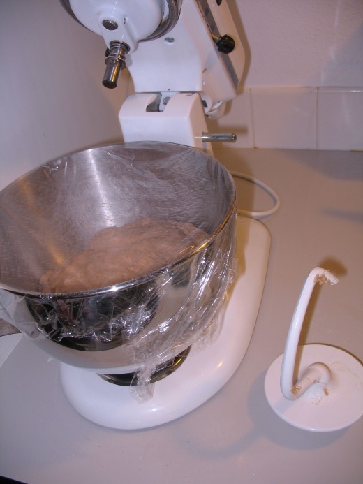 Remove the dough hook, press the dough into the bowl, and cover with plastic wrap.