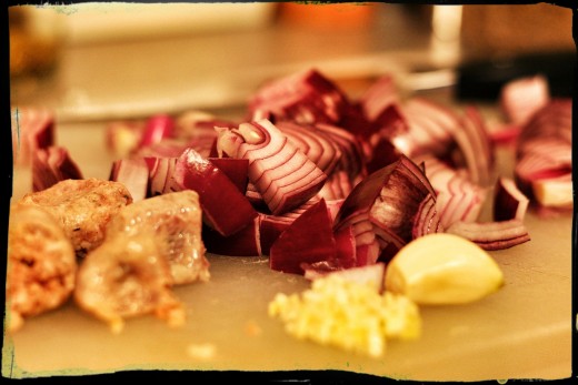 Roughly chop the red onion and garlic