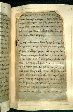 Remounted page from Beowulf, British Library Cotton Vitellius A.XV