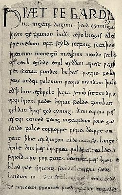 First page of Beowulf, contained in the damaged Nowell Codex.