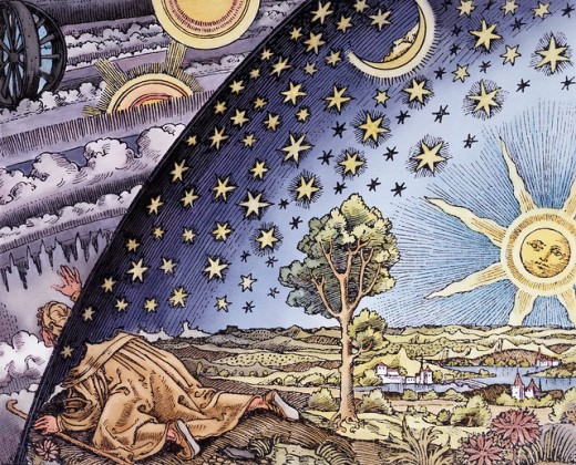 16th century style woodcut believed to have been commissioned for a book by French astronomer Camille Flammarion in 1888.