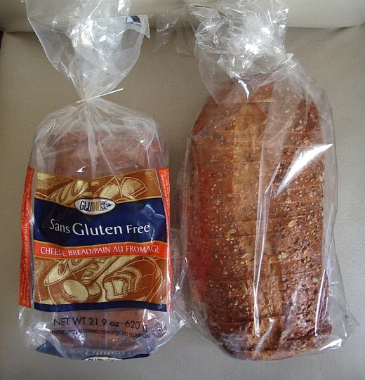 The bread on the right is 'normal' bread.  The loaf on the left is gluten-free and frozen with it.