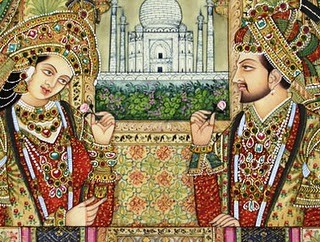 Mumtaz Mahal and Shah Jahan with Taj Mahal in the background. 