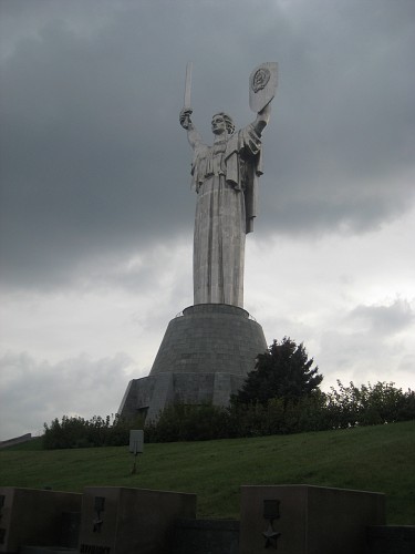 Motherland statue in Kiev which is part of a war museum on the banks of the Dnipro River. The statue is 335 feet tall (102 m)! See how the sword looks like it's chopped off midway? It is! - since it was higher thank the cross of the tallest church