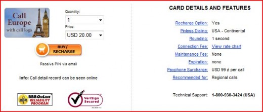 "Call Europe" Phone Card's Full Details