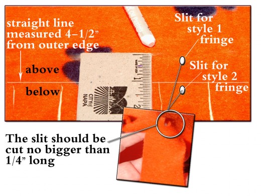 Tuck the fringe sections through the 1/4'' snipped hole (no larger) from underneath. Make the slit either above or below where the cut fringe sections end.