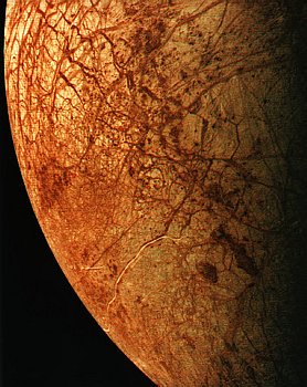 The surface of Europa is covered by ice. Diameter=3138km, period=3.5d.