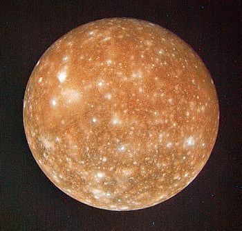 Callisto, the satellite with very many craters. Diameter=4800km, period=16.6d. 
