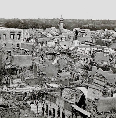 Glass-photo, ca 1860, of the destruction of the Christian Quarter in Damascus in 1860. Abd el-Kader,  along with his 1000 volunteers protected most of the Diplomats, and thousands of Christians in his houses.