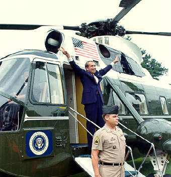 Nixon departing from the White House after his resignation.