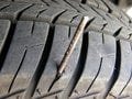 This tire is an example of a puncture too close to the sidewall for repair in most shops.