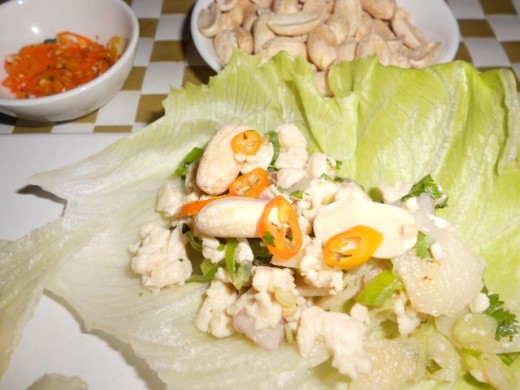 Thai Chicken Lettuce Cups, served with extra Chilli & Whole Peanuts...
