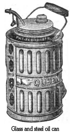 Drawing of Queen oil can, glass interior with steel casing, patent 12 February 1878, from an advertisement by C. Riessner & Co., New York. Oil can was used to store household oil primarily for lamps.