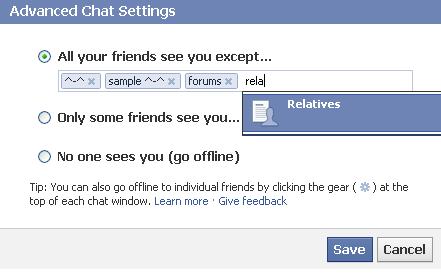See the ^-^' list? If I wanted to  appear offline to a specific friend, I would go to his/her wall, point my cursor on "Friends" and add him/her on my "^-^" list and poof! He/she won't see me online on chat unless I remove him/her on the list.