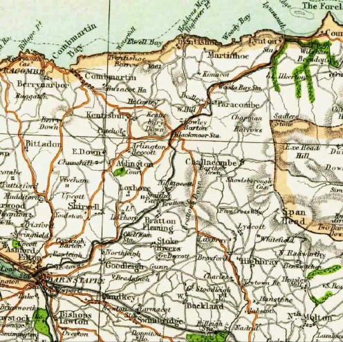 19th map extract of former Lynton and Barnstaple Railroad