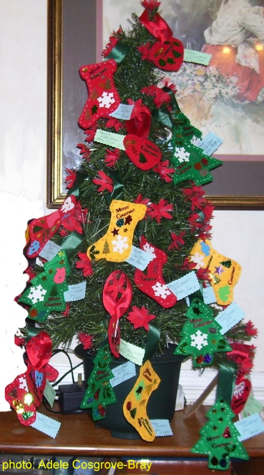 A great way to display your easy-to-sew decorations is on a table-top Xmas tree!  