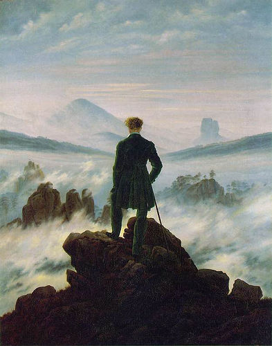 An oil painting by artist Caspar David Freidrich done in 1818. It is called "Wanderer Above the Sea of Fog."