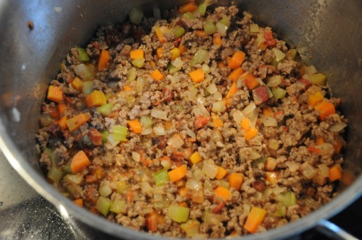 The ragu, all together and ready to start simmering.