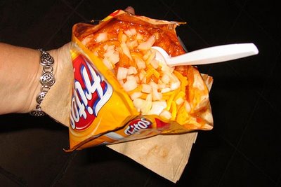 Frito Pie served in a Frito Corn Chip Bag. 