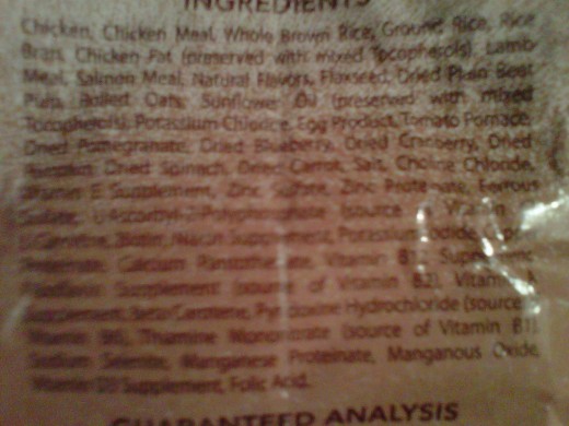 Ingredients label for Nutro Ultra.  Chicken,  chicken meal, whole brown rice, ground rice, rice bran, chicken fat are 1st 6.