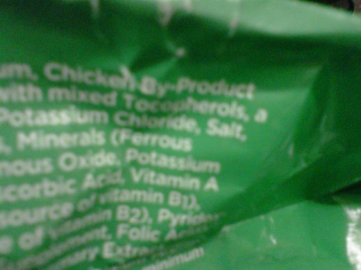 Ingredients label for Iams.  Hope you can see on top line, Chicken By-Product