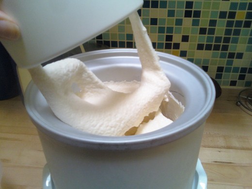 After 15-20 minutes mixing, the ice cream has thickened up to the right consistency and is ready to go in the freezer. 